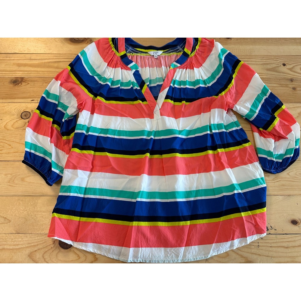 Crown & Ivy Womens Striped Split Neck Rayon Blouse Multi Color 3/4 Sleeve Large